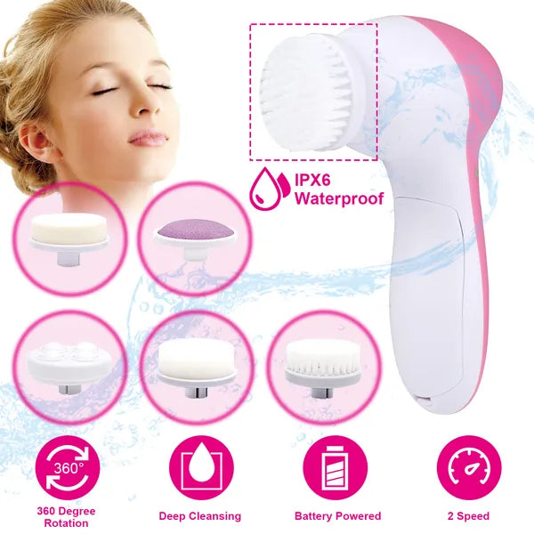 Waterproof Facial Cleansing Brush – 5 Heads Spin Pore Scrubber