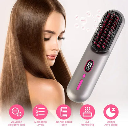 Cordless Hair Straightener Brush – Ionic Anti-Frizz Styling Comb