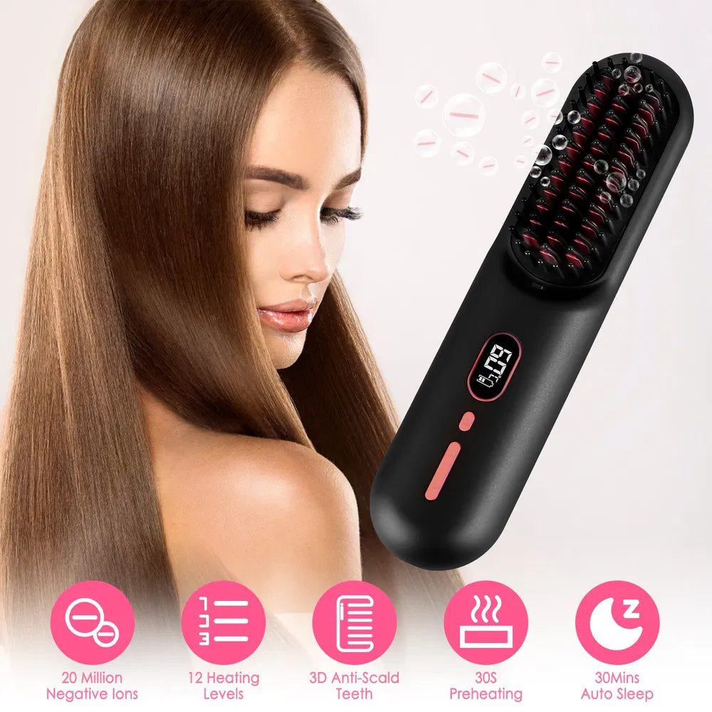 Cordless Hair Straightener Brush – Ionic Anti-Frizz Styling Comb