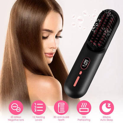 Cordless Hair Straightener Brush – Ionic Anti-Frizz Styling Comb