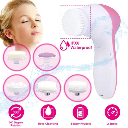 Waterproof Facial Cleansing Brush – 5 Heads Spin Pore Scrubber