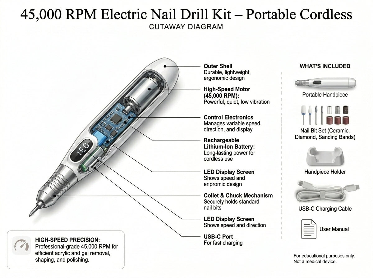 Electric Nail Drill Kit – 45,000 RPM Cordless Acrylic Gel