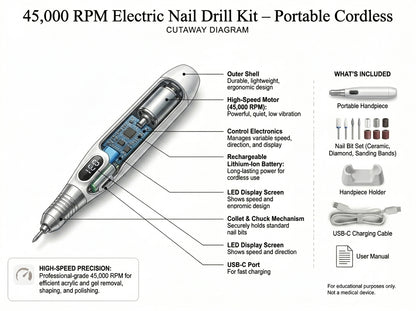 Electric Nail Drill Kit – 45,000 RPM Cordless Acrylic Gel
