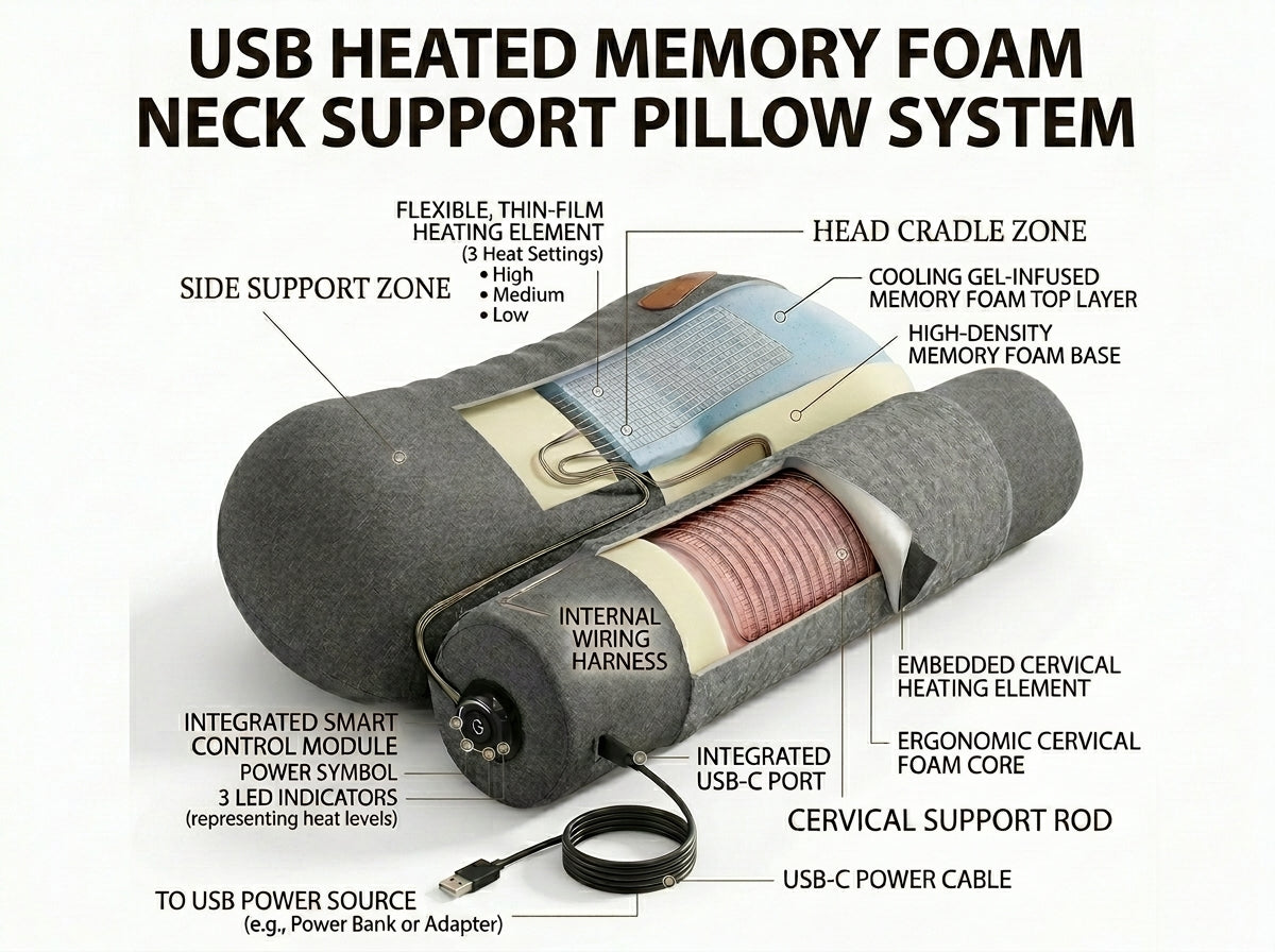 USB Heated Neck Pillow – Memory Foam Cervical Pain Relief