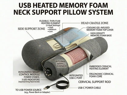 USB Heated Neck Pillow – Memory Foam Cervical Pain Relief