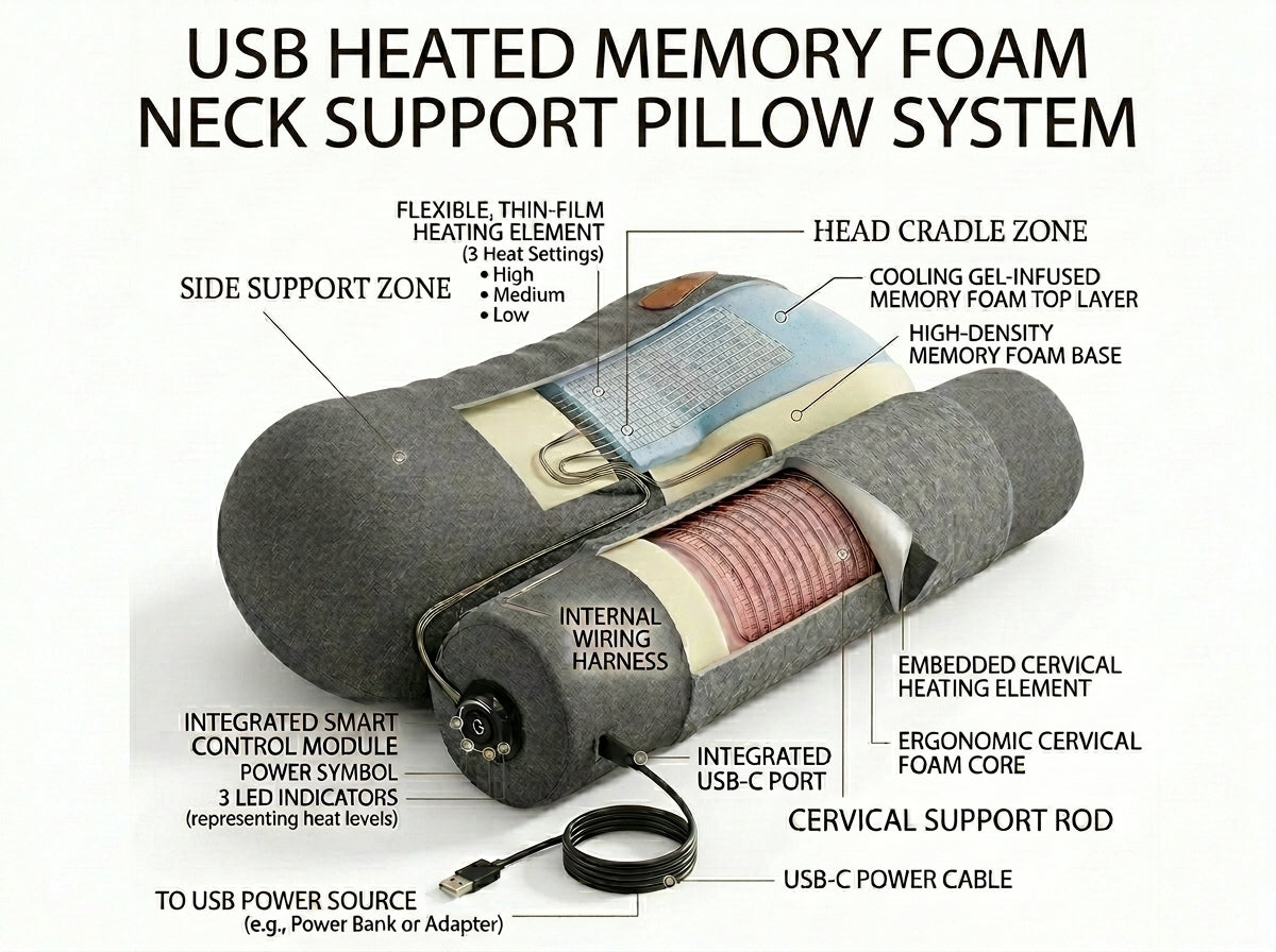 USB Heated Neck Pillow – Memory Foam Cervical Pain Relief