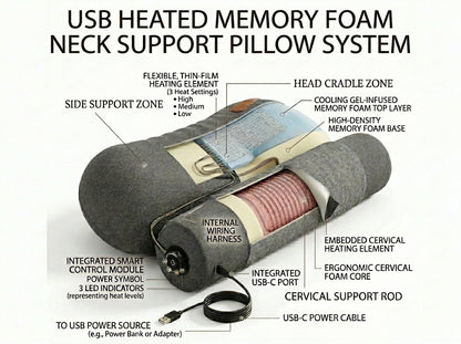 USB Heated Neck Pillow – Memory Foam Cervical Pain Relief
