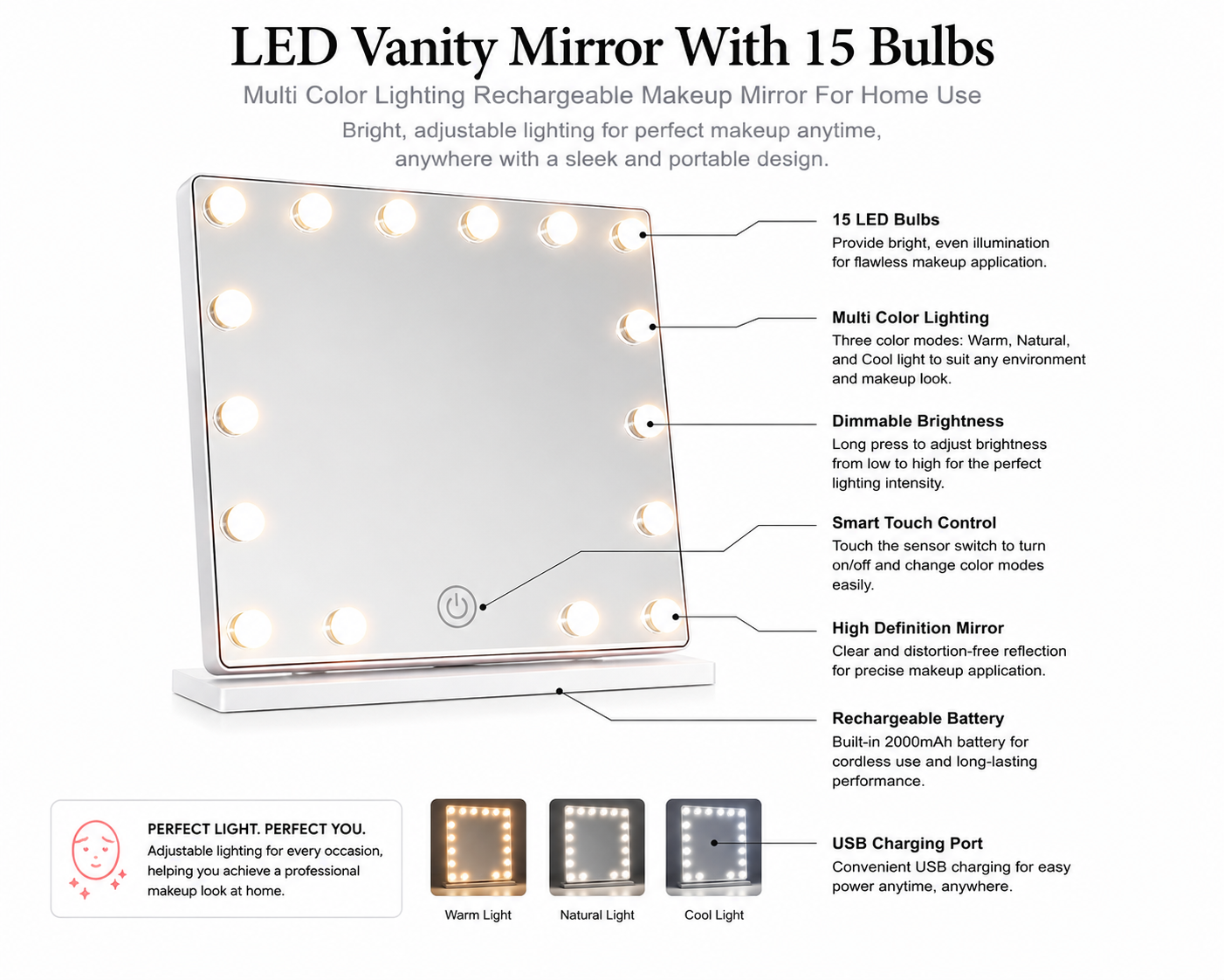 LED Vanity Mirror with 15 Bulbs – Studio Makeup Lighting